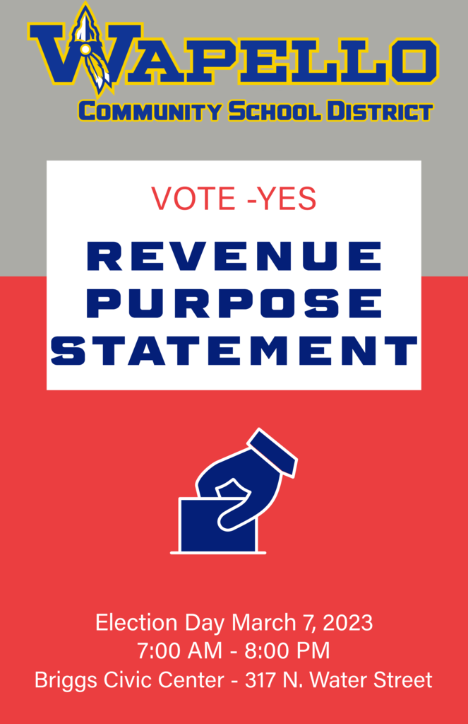 Wapello CSD Vote Yes Revenue Purpose Statement Special Election March 7, 2023 7:00 a.m. - 8:00 p.m. Briggs Civic Center 317 N Water Street
