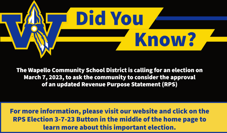 Did You Know? The Wapello CSD is calling for an election on March 7, 2023, to ask the community to consider the approval of an updated Revenue Purpose Statement.  