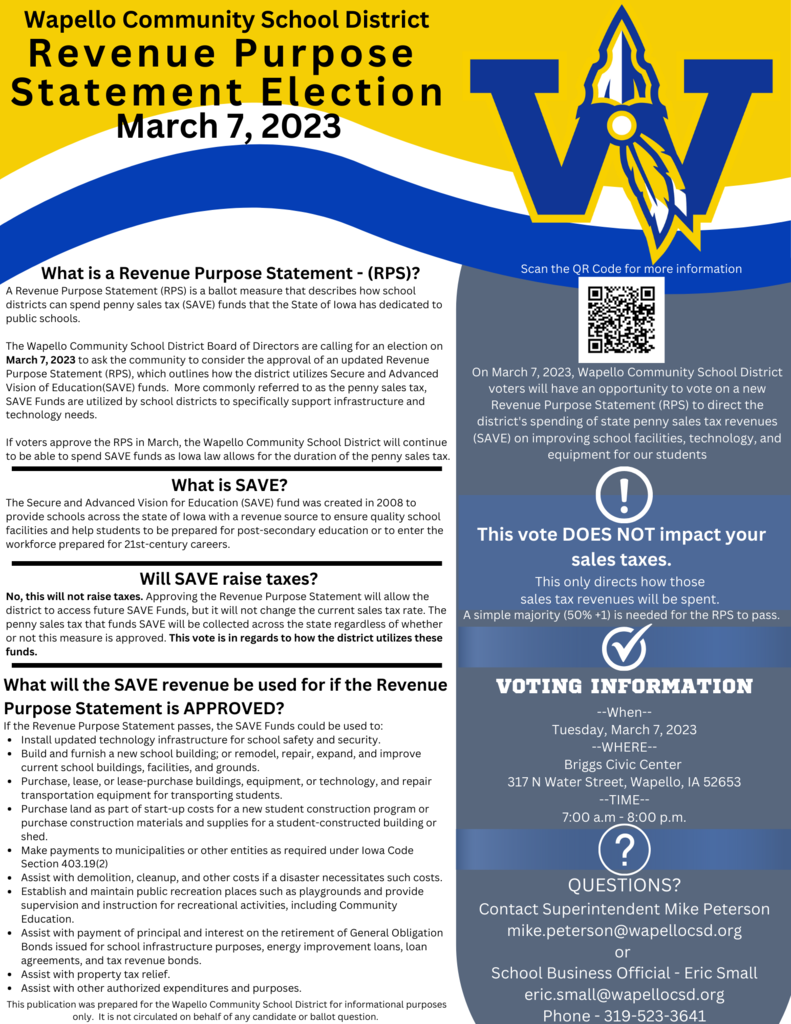 Wapello CSD Revenue Purpose Statement Election March 7 2023